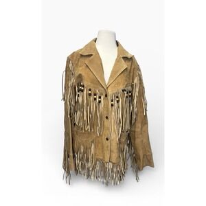 Western Margaret Godfrey Suede Fringe Bead Jacket 12 Honey Tan Boho Festival VTG